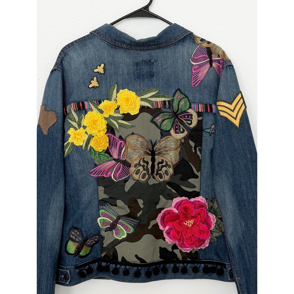 Two Tequila Sisters One of a Kind Denim Jacket Camo Floral Butterflies XXL